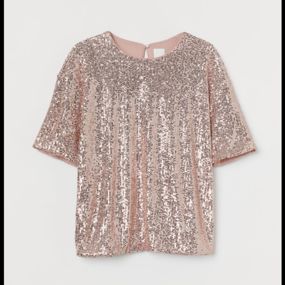 H&M Women's Short Sleeve Round-Neck Mesh Sequined Top KT4 Rose-Gold Small NWT.